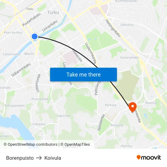 Borenpuisto to Koivula map