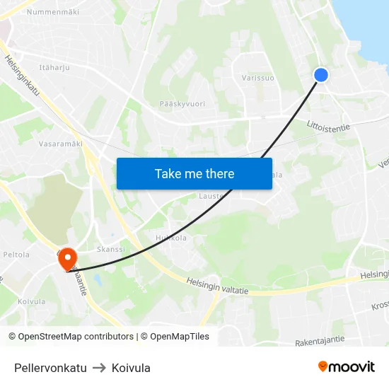 Pellervonkatu to Koivula map