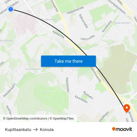 Kupittaankatu to Koivula map
