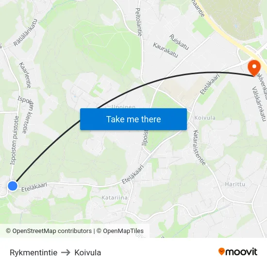 Rykmentintie to Koivula map