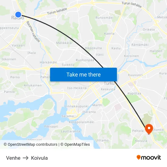 Venhe to Koivula map