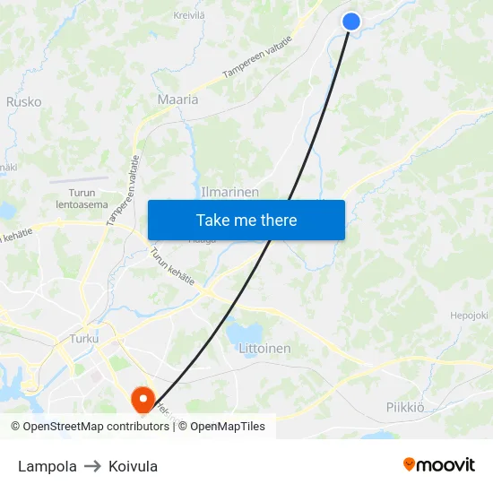 Lampola to Koivula map