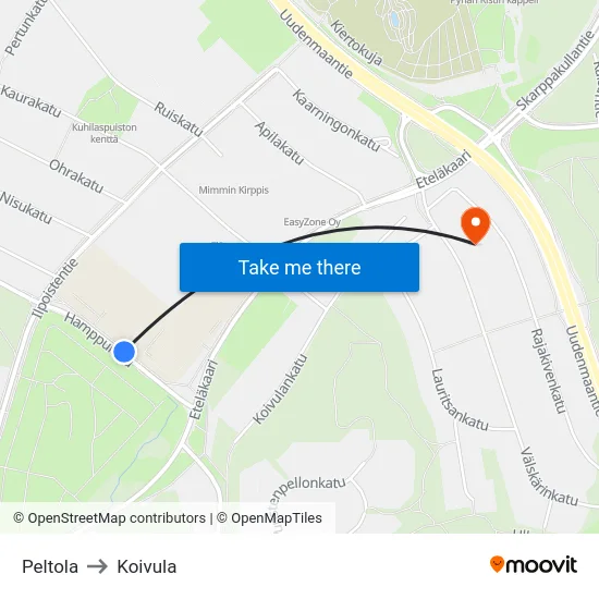 Peltola to Koivula map