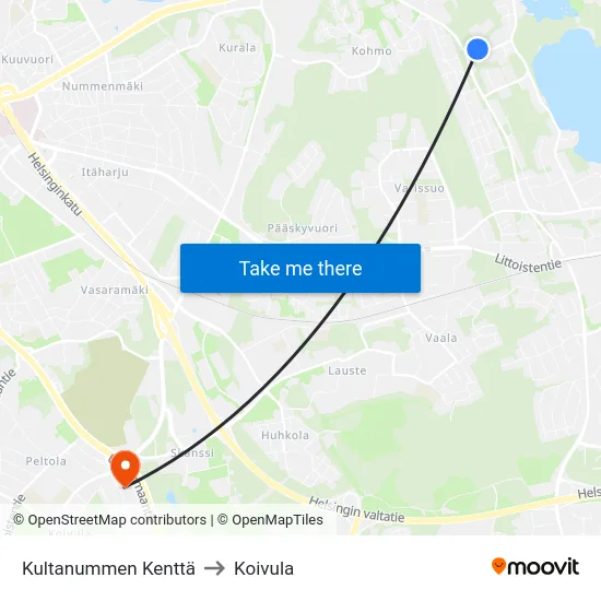 Kultanummen Kenttä to Koivula map