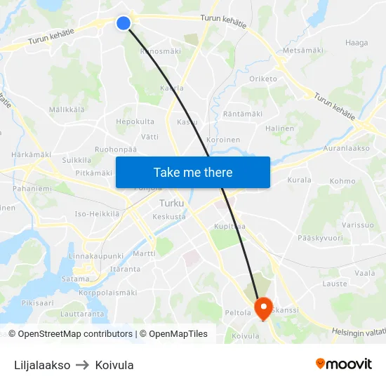 Liljalaakso to Koivula map