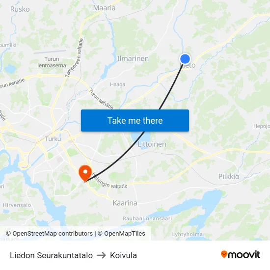 Liedon Seurakuntatalo to Koivula map