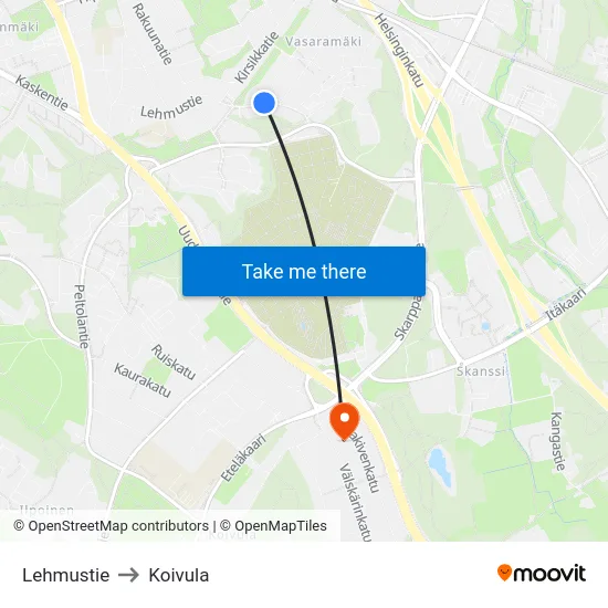 Lehmustie to Koivula map