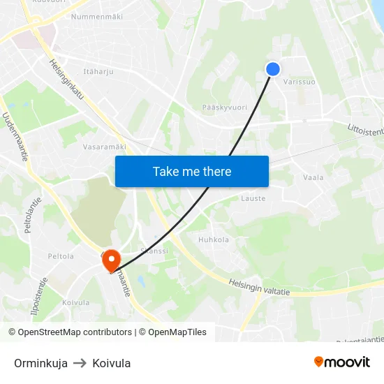 Orminkuja to Koivula map