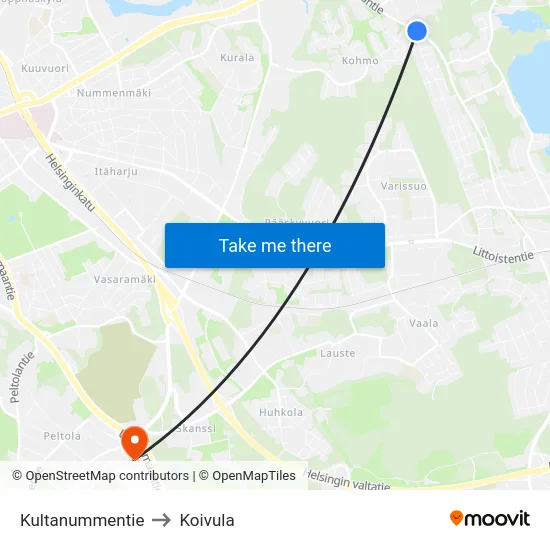 Kultanummentie to Koivula map