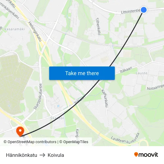 Hännikönkatu to Koivula map