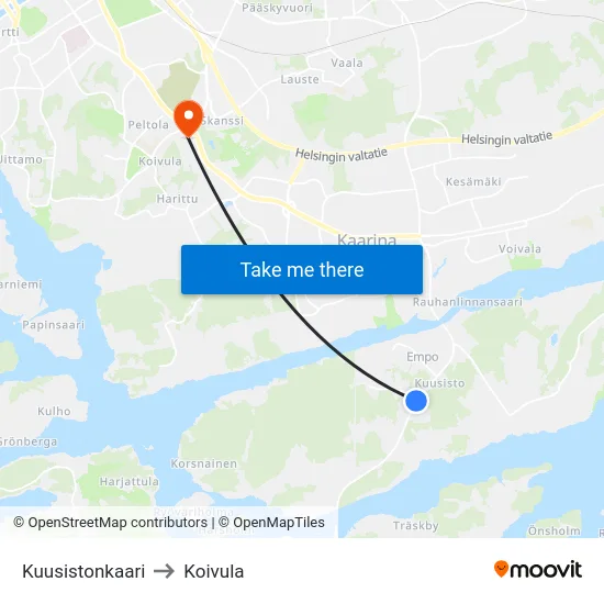 Kuusistonkaari to Koivula map