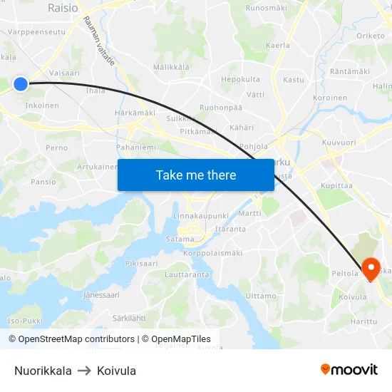 Nuorikkala to Koivula map