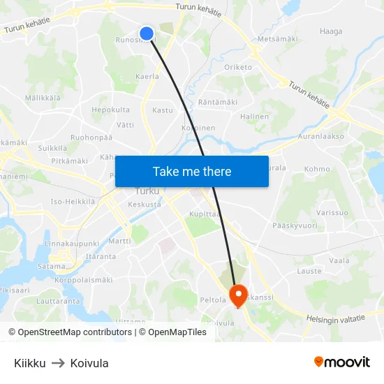 Kiikku to Koivula map