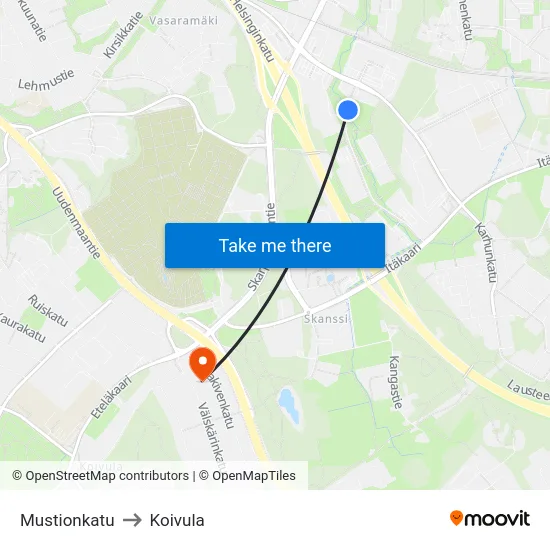 Mustionkatu to Koivula map