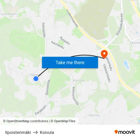 Ilpoistenmäki to Koivula map