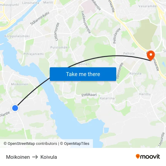 Moikoinen to Koivula map