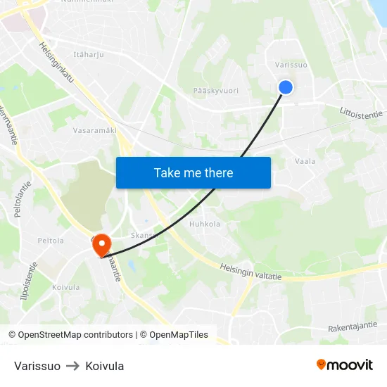 Varissuo to Koivula map