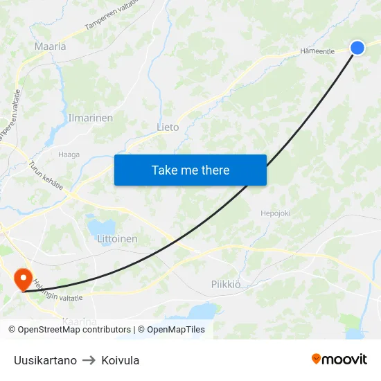 Uusikartano to Koivula map