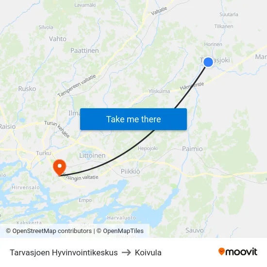 Tarvasjoen Hyvinvointikeskus to Koivula map