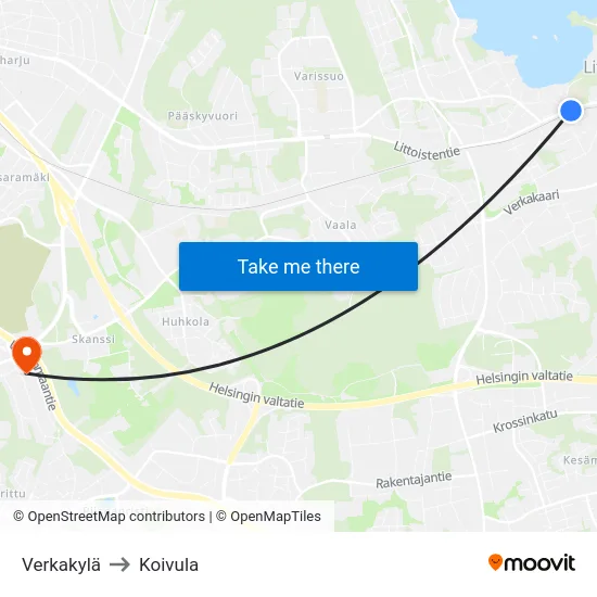 Verkakylä to Koivula map