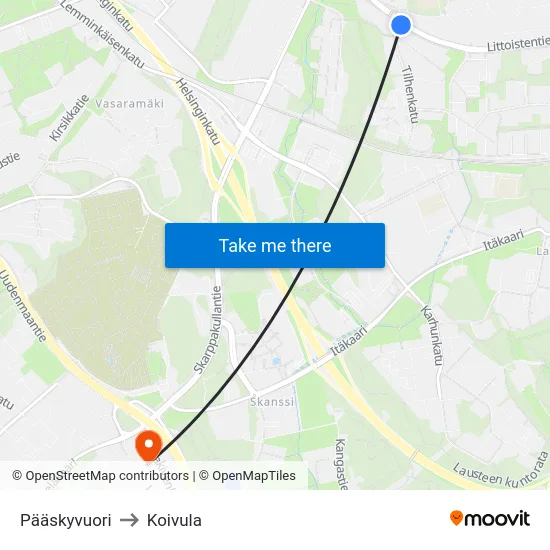 Pääskyvuori to Koivula map