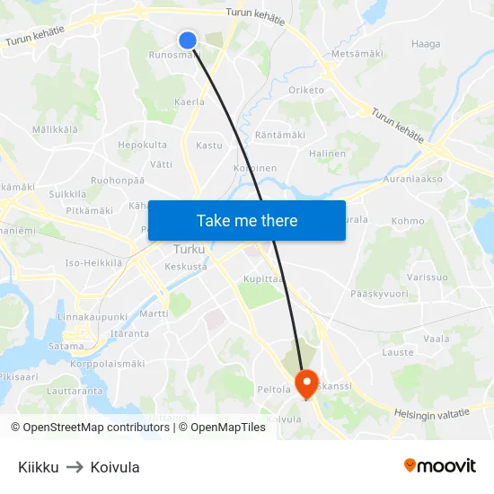 Kiikku to Koivula map