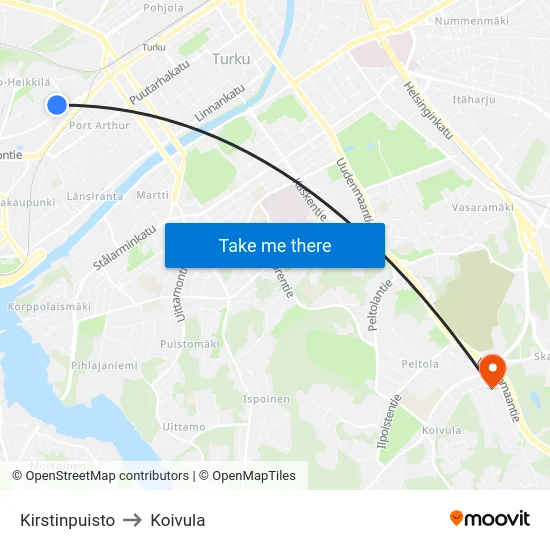Kirstinpuisto to Koivula map