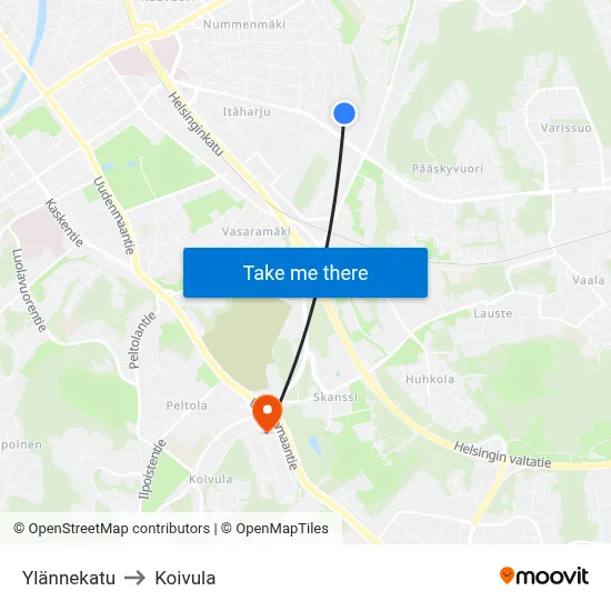 Ylännekatu to Koivula map
