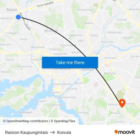 Raision Kaupungintalo to Koivula map