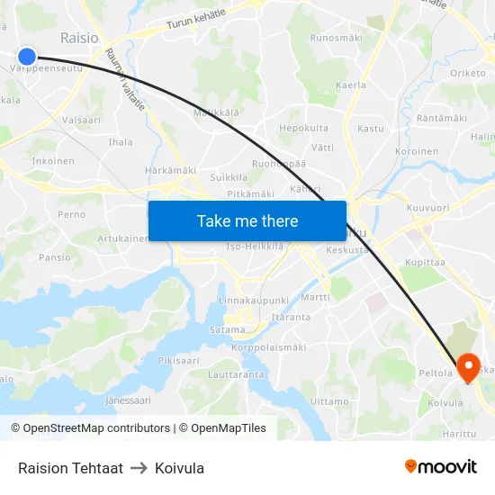 Raision Tehtaat to Koivula map