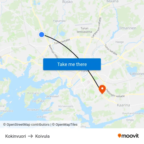 Kokinvuori to Koivula map