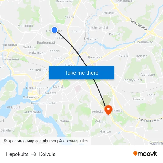 Hepokulta to Koivula map