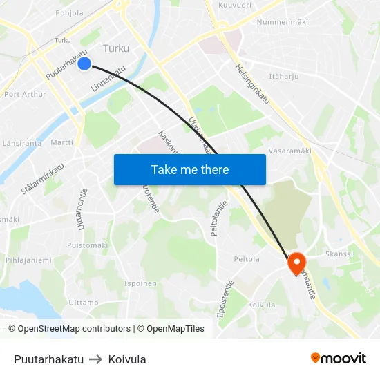 Puutarhakatu to Koivula map
