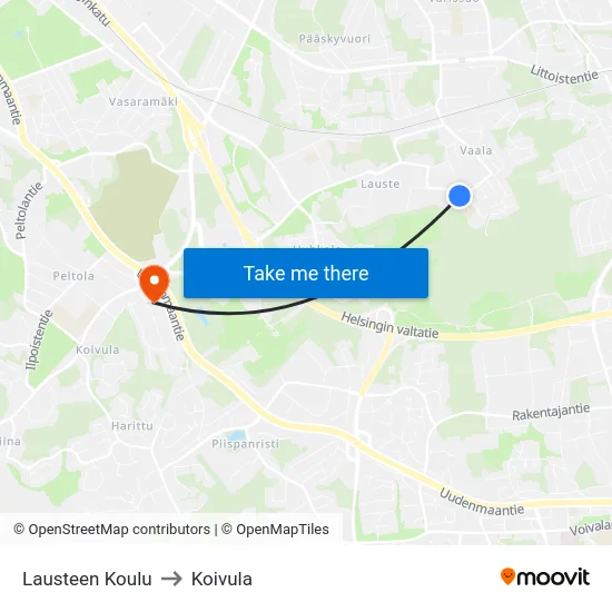 Lausteen Koulu to Koivula map