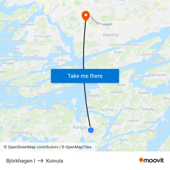 Björkhagen I to Koivula map