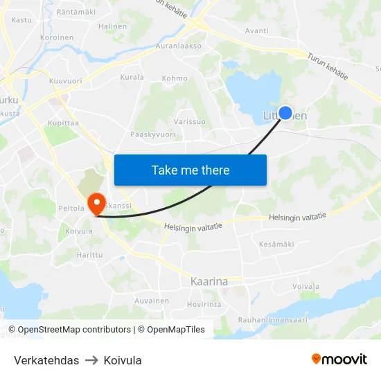 Verkatehdas to Koivula map