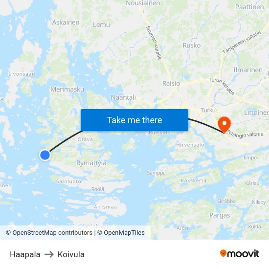 Haapala to Koivula map