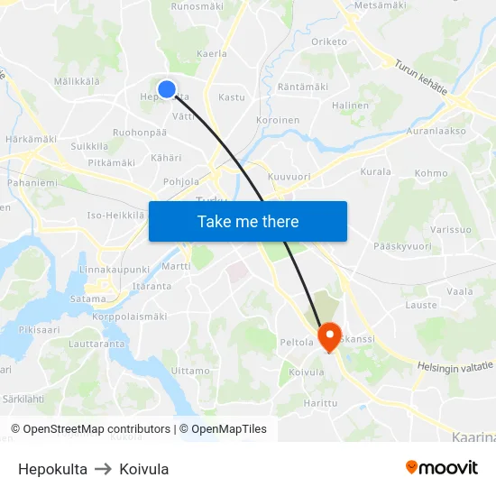 Hepokulta to Koivula map