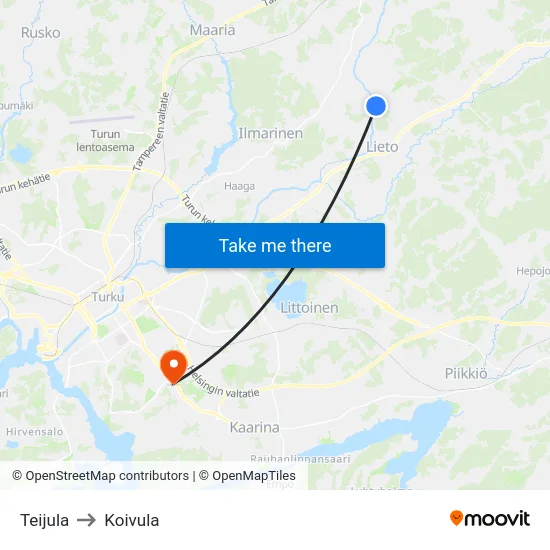 Teijula to Koivula map
