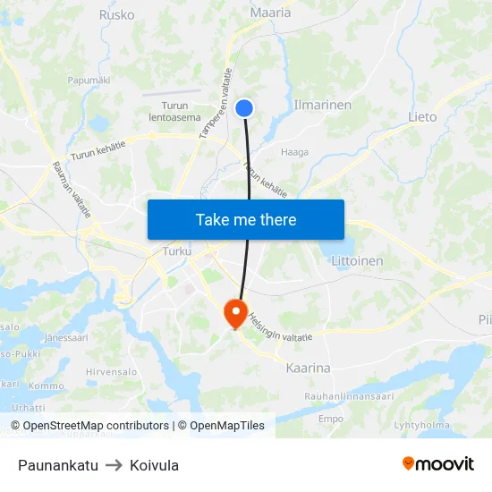 Paunankatu to Koivula map