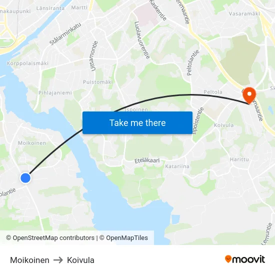 Moikoinen to Koivula map
