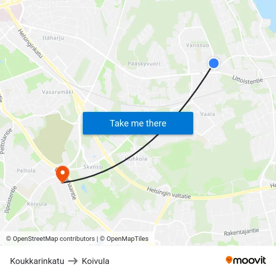 Koukkarinkatu to Koivula map