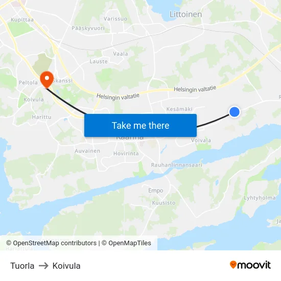 Tuorla to Koivula map