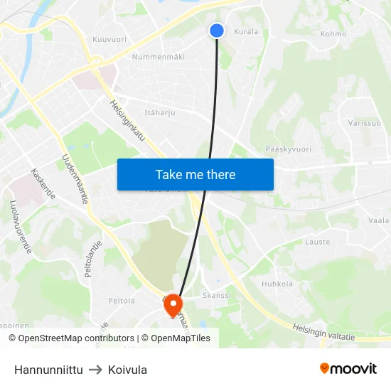 Hannunniittu to Koivula map