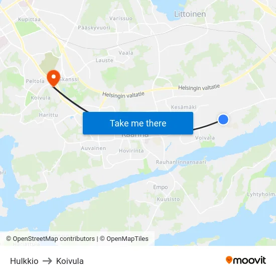 Hulkkio to Koivula map