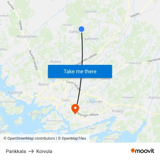 Parikkala to Koivula map