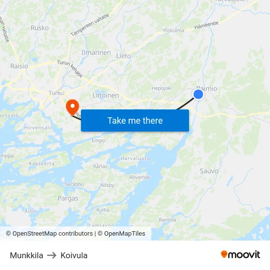 Munkkila to Koivula map