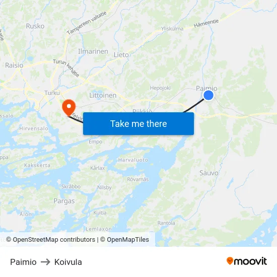 Paimio to Koivula map
