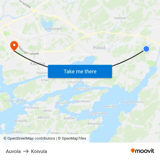 Auvola to Koivula map