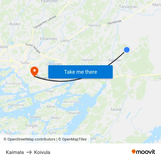Kaimala to Koivula map